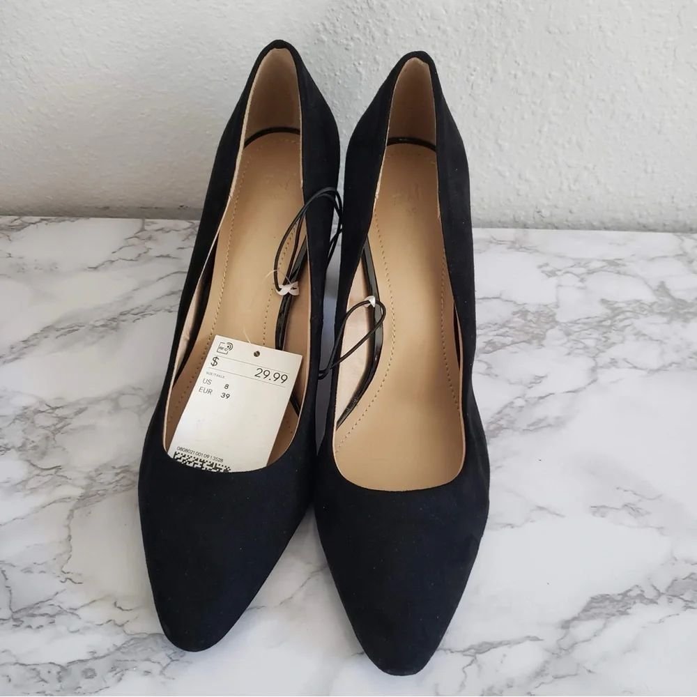 H&M black block pointed toe chunky heel - Picture 2 of 6